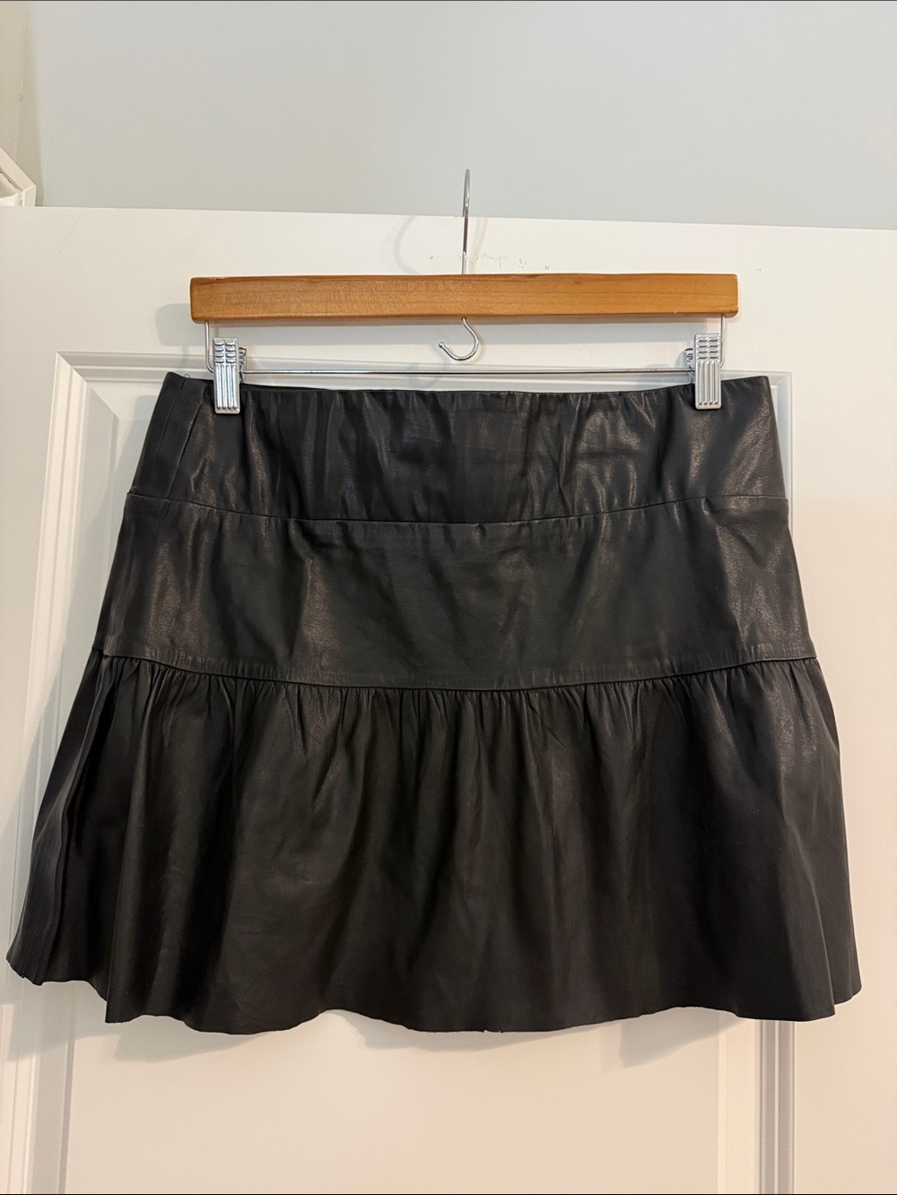 SHUG Womens Black Faux Leather Tiered Mini Skirt